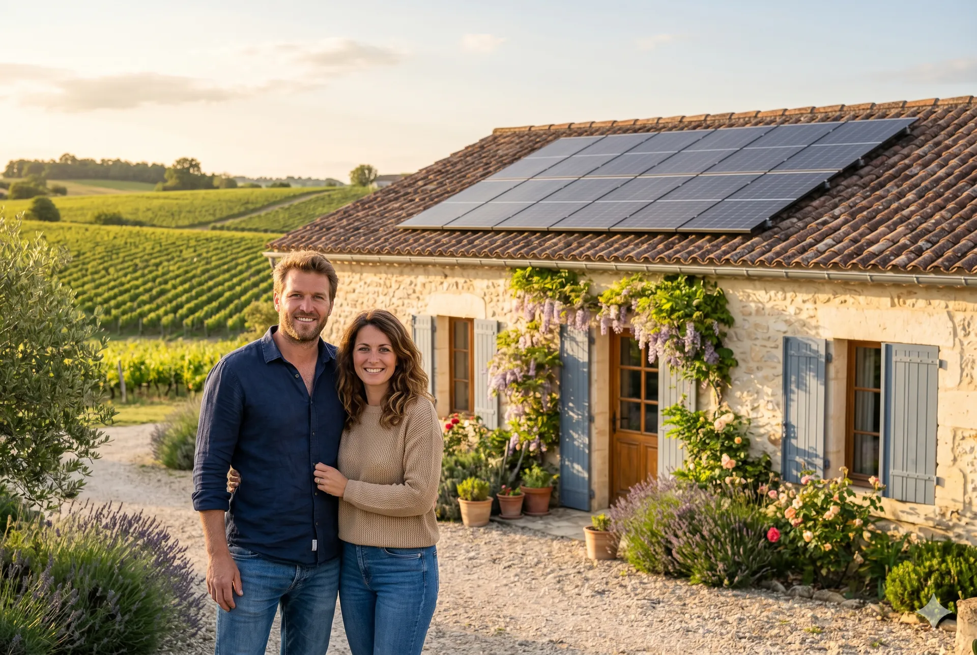 Marc et Sophie souriants devant leur maison équipée de panneaux solaires