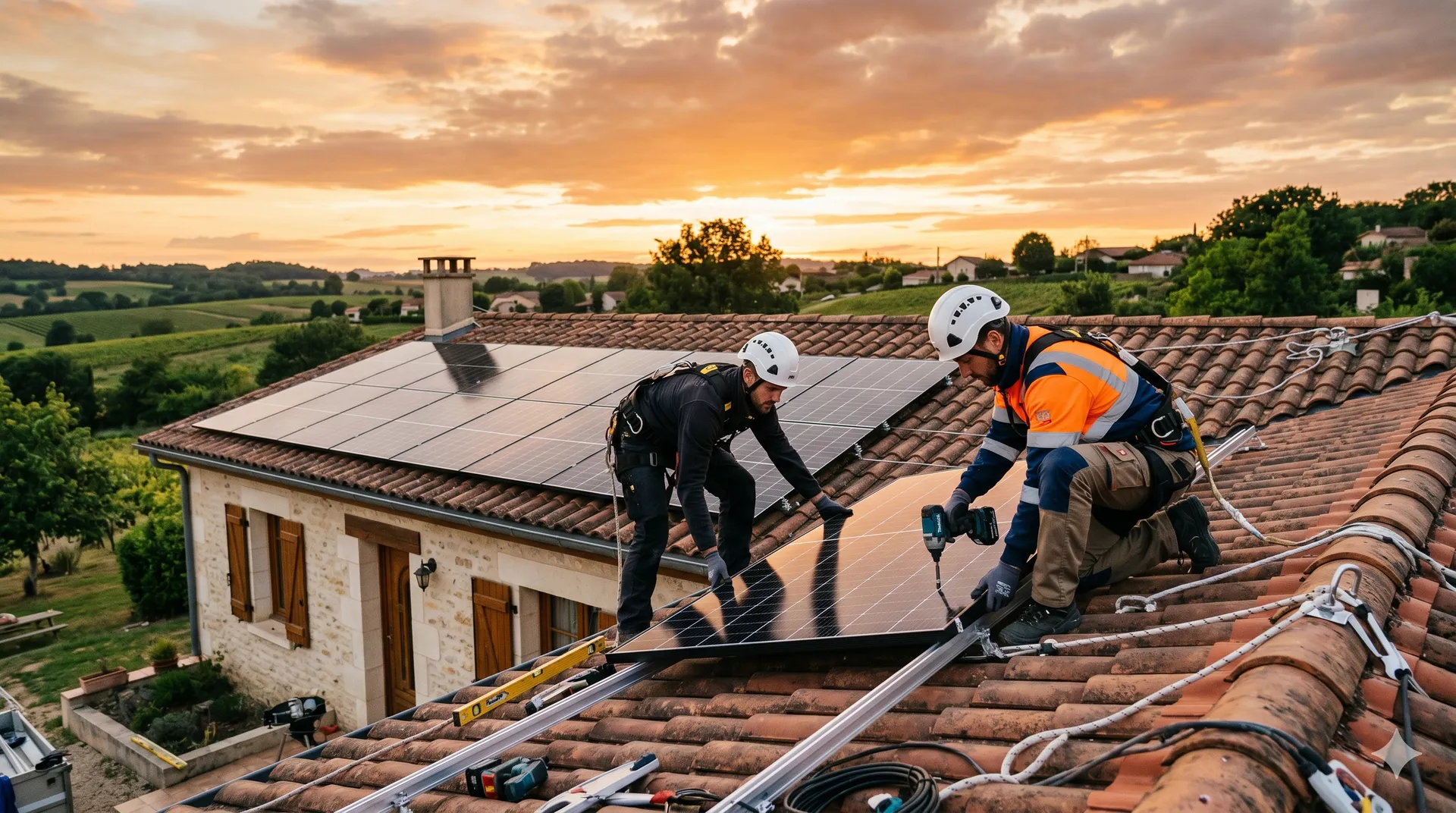 Pose des panneaux solaires sur le toit au coucher du soleil